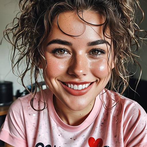 Photograph of a smiling young woman with curly brown hair, freckles, and bright eyes, wearing a pink shirt with heart prints, against a