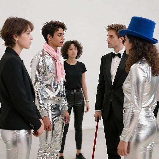 Group of People in Metallic Outfits and Formal Wear