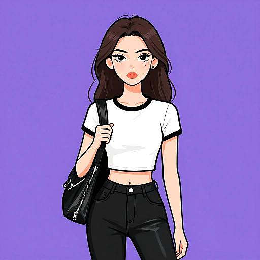 Digital anime-style drawing of a young woman with long brown hair, wearing a white crop top, black pants, and a black shoulder bag, against a
