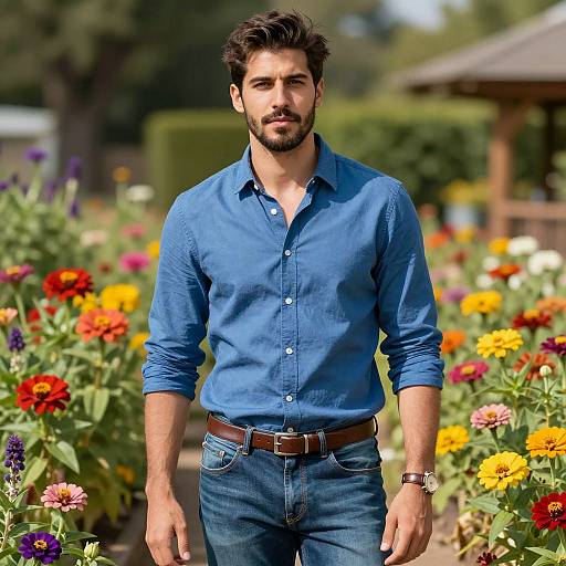 Handsome Man in Vibrant Flower Garden