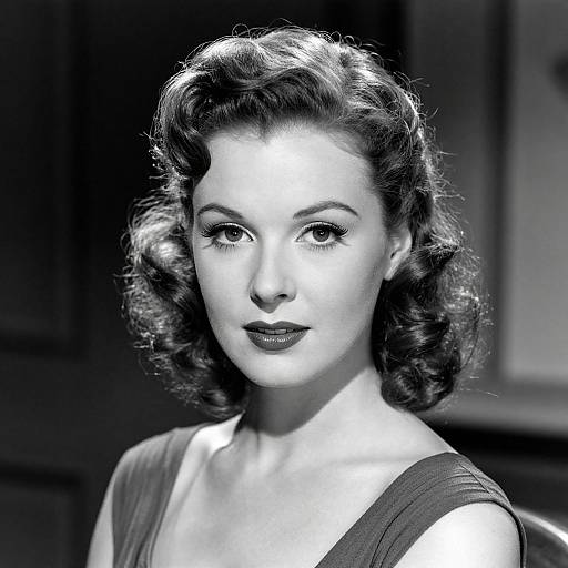 Black-and-white photograph of a vintage-styled woman with wavy, shoulder-length hair, wearing a sleeveless dress, looking directly at the camera.