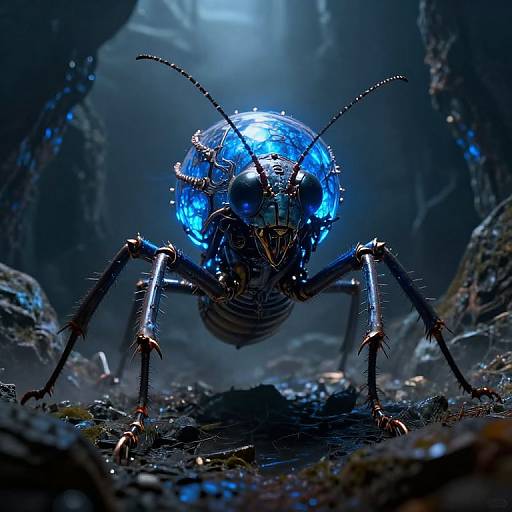 Digital CGI of a glowing blue insect with metallic exoskeleton, antennae, and sharp claws, standing on a dark, rocky forest floor.