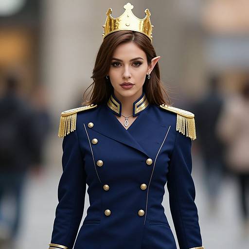 Photograph of a brunette woman with pointed ears, wearing a gold crown, navy double-breasted military jacket with gold epaulettes, and dark