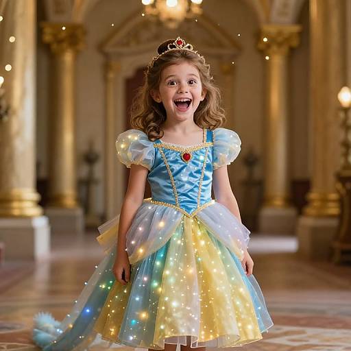 Photograph of a smiling young girl with curly brown hair, wearing a sparkling, colorful fairy-tale princess dress and tiara, standing in a grand