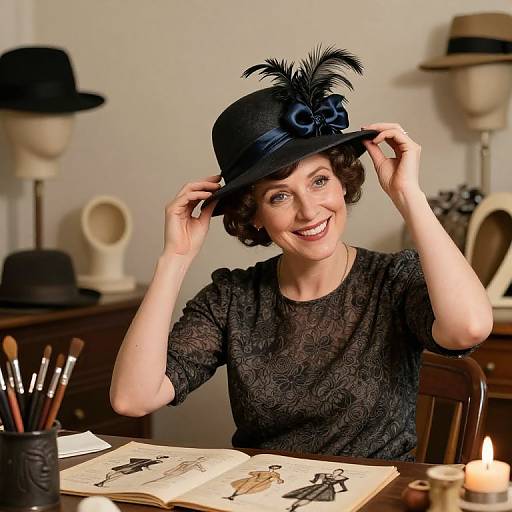 Photograph of a smiling woman in vintage black lace dress and black hat with feather, adjusting it while seated at a table with open fashion sketchbook and