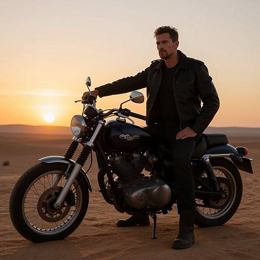 Photograph of a bearded man in a black leather jacket, sitting on a black motorcycle at sunset in a desert, with an orange sky and sandy