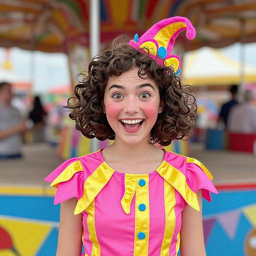 Photograph of a curly-haired woman in a bright pink and yellow clown costume with a pink hat, smiling widely at a colorful carnival.