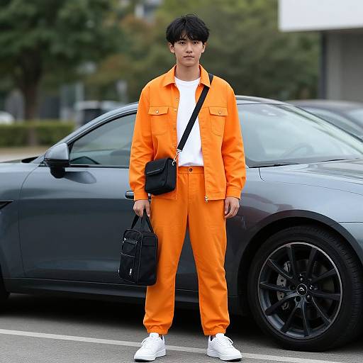 Young Asian man in bright orange jumpsuit, white t-shirt, white sneakers, black crossbody bag, standing in front of a black car. Photograph