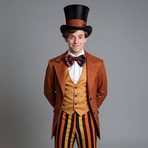 Photograph of a young man in a Victorian-style magician outfit: black top hat, orange-brown velvet jacket, white shirt, red-black bow tie