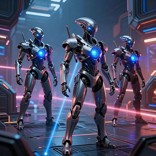 Digital artwork of three futuristic, silver robotic warriors with blue glowing eyes and lightsabers in a neon-lit, sci-fi corridor.
