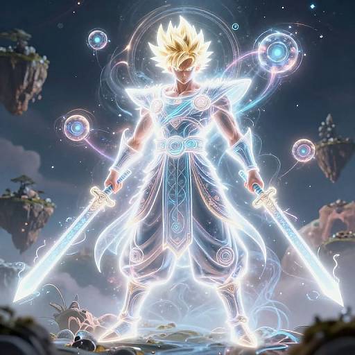 Digital artwork of a glowing, blonde-haired, muscular warrior with electric blue energy, dual swords, floating islands, and circular energy orbs in a starry