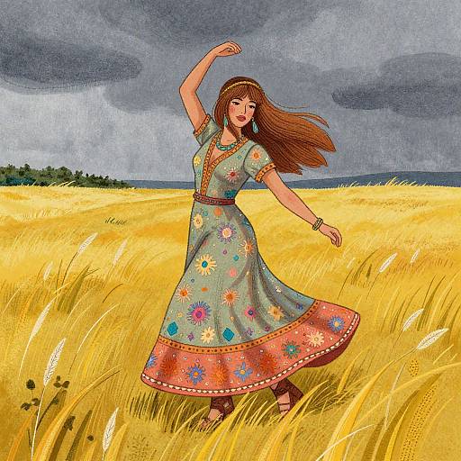 Digital illustration of a smiling woman with long brown hair, wearing a colorful floral dress, dancing in a golden wheat field under a stormy sky.