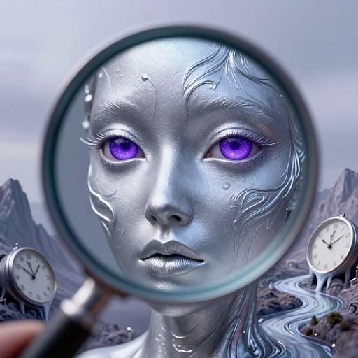 Digital artwork of a silver, alien-like face with glowing purple eyes, viewed through a magnifying glass, against a surreal, mountainous landscape with winding