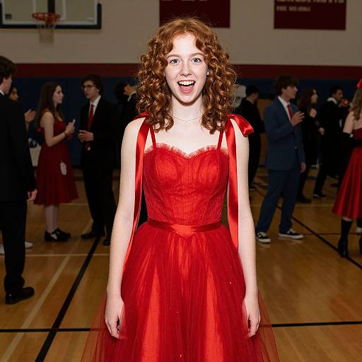 Photograph of a smiling red-haired woman in a vibrant red, strapless, tulle dress with a satin bodice, standing in a gymnas