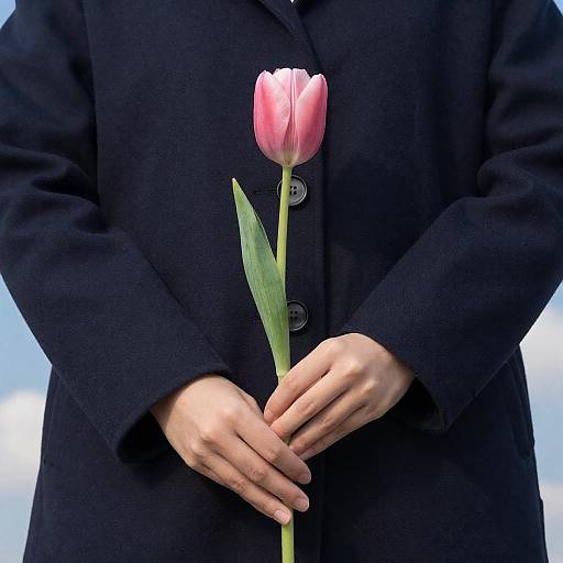 Hands Holding a Pink Tulip Under Blue Sky