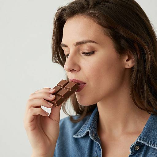 Photograph of a fair-skinned woman with brown hair, wearing a denim shirt, sensuously biting a chocolate bar against a white background.
