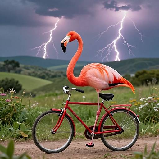 Photograph of a vibrant flamingo standing on a red bicycle against a dramatic stormy sky with lightning, lush green hills, and wildflowers in the