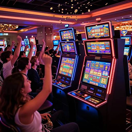 Photograph of a lively casino scene with brightly lit slot machines, a diverse crowd of excited people raising their arms, and colorful, flashing game displays.