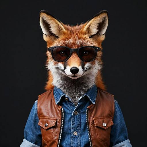 Photograph of an anthropomorphic fox with orange fur, wearing black sunglasses, blue denim shirt, and brown leather vest, against a black background.