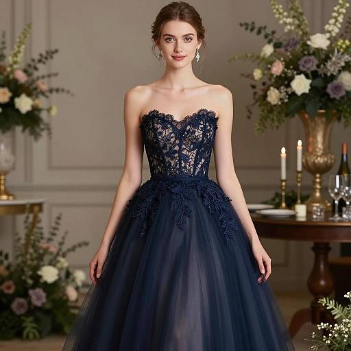 Elegant Navy Blue Strapless Tulle Dress