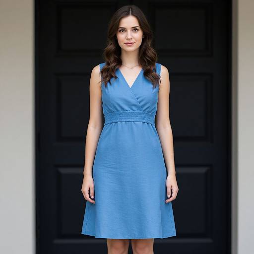 Photograph of a young woman with long dark hair, wearing a sleeveless, V-neck, blue dress, standing against a black door.
