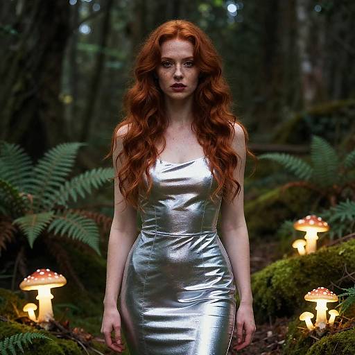 Photograph of a red-haired woman with long, wavy hair, wearing a shiny silver, form-fitting dress, standing in a forest with glowing