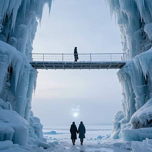 Photograph of two people in winter coats walking through an icy cave, with a person on a bridge above, surrounded by large icicles, under a