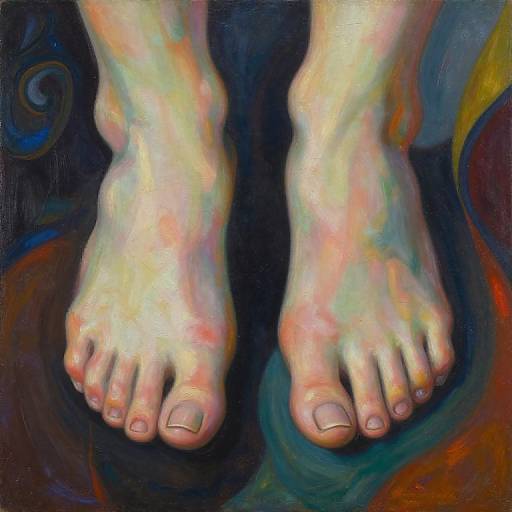 Vibrant, abstract painting of human feet with colorful, swirling background; feet have pale, multi-colored skin tones and visible toenails.