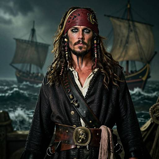 Photorealistic digital art of a rugged pirate with long, wavy hair, red bandana, black shirt, and brown sash, standing on