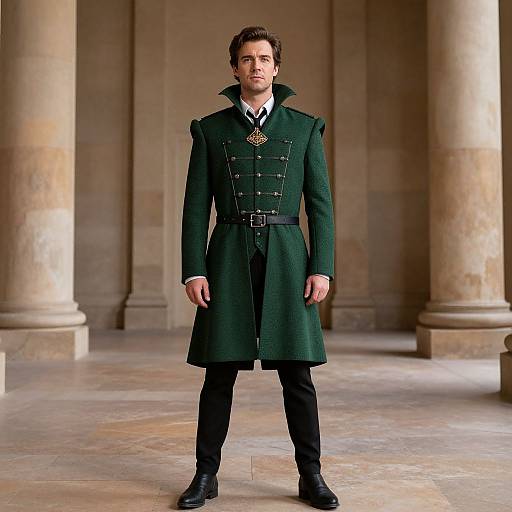 Photograph of a man in a dark green military-style coat with gold brooch, black trousers, and black shoes, standing in a columned stone