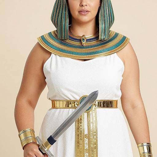Photograph of a woman with medium brown skin, wearing an Egyptian-style white dress, gold belt, and ornate blue, green, and gold he