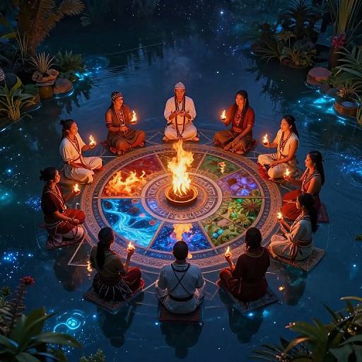 Photograph: Circle of diverse, silhouetted people sitting around a glowing fire on a magical, starlit, water-filled ritual circle at night