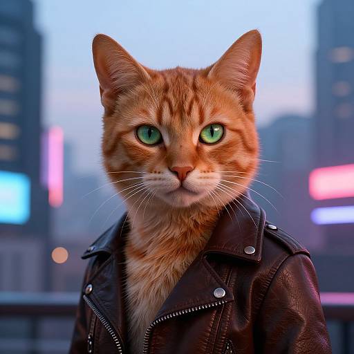 Photorealistic digital artwork of a green-eyed orange tabby cat wearing a black leather jacket, standing in a blurred urban cityscape with neon lights in