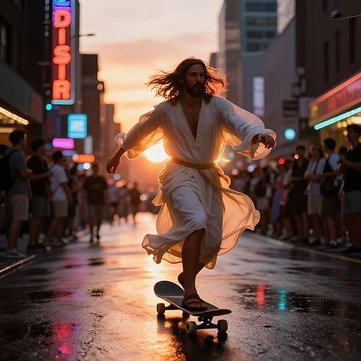Photograph of a bearded man with flowing hair skating in a city street at sunset, wearing a white robe, surrounded by neon lights and a crowd