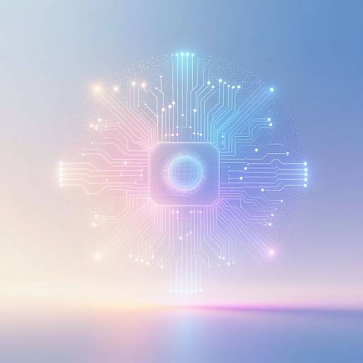 Digital abstract artwork featuring a glowing blue and pink circuit board with radiant lines, luminous dots, and a central bright circle against a gradient blue to white