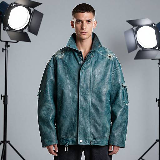 Photograph of a serious young man with short dark hair, wearing a distressed teal leather jacket, standing between two bright studio lights.