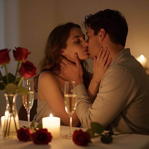 Photograph of a romantic candlelit dinner: a couple kissing, with red roses, champagne glasses, and soft candlelight in the background.
