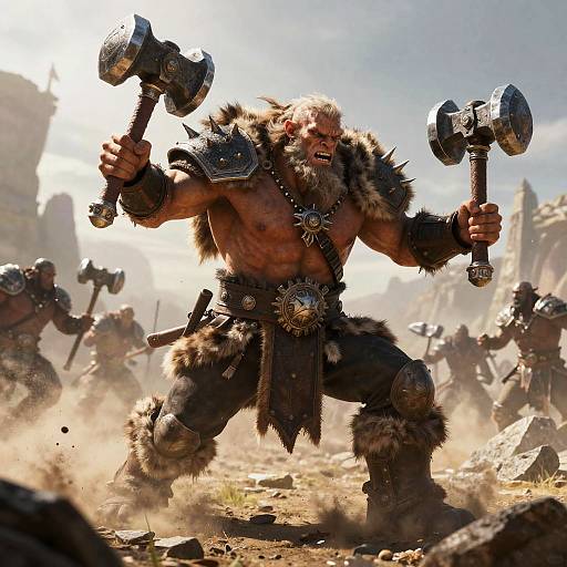 Photorealistic CGI: Muscular, bearded barbarian with fur loincloth and spiked armor, wielding two large hammers, roaring in battle
