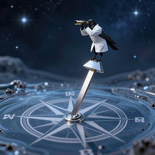 Photograph of a black crow in a white suit, perched on a compass, using binoculars, against a starry, cosmic background.