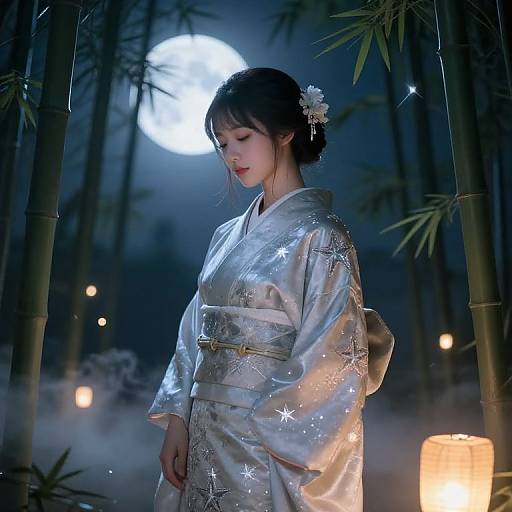 Photograph of a Japanese woman in a shimmering silver kimono, adorned with star patterns, standing under a moonlit bamboo forest with glowing lanterns