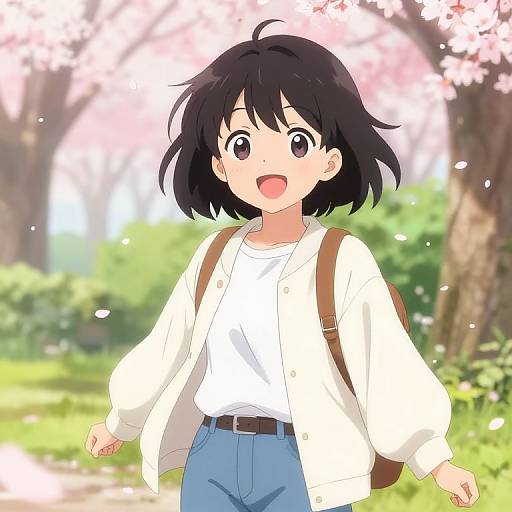 Playful Anime Girl in Cherry Blossoms