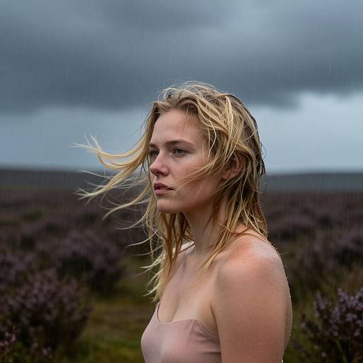 Photograph of a blonde woman with wet hair, wearing a pink strapless top, standing in a moody, rain-soaked heather field.