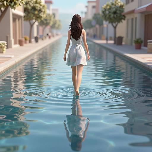 Digital artwork of a woman with long black hair in a white dress, walking away from the viewer in a serene, sunlit, empty street lined with