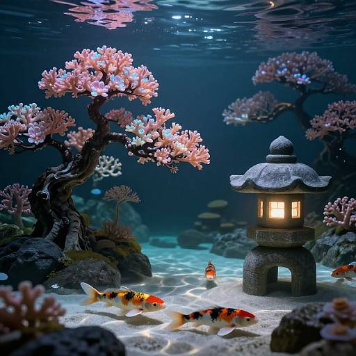 Photograph of an underwater scene with a glowing Japanese lantern, pink coral trees, and colorful koi fish amidst dark blue water.