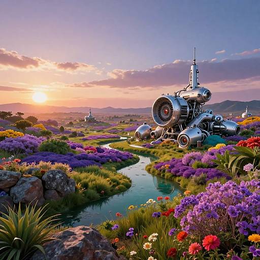 Photorealistic digital art of a colorful, futuristic garden at sunset with metallic robots, winding stream, and vibrant flowers.