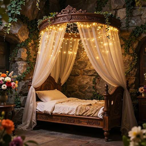 Photograph of an ornate, dark wood canopy bed with sheer curtains, string lights, and a stone wall background, adorned with vines and flowers.