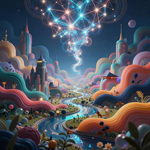 Vibrant digital artwork of a surreal landscape with colorful, wavy hills, glowing stars, and a winding river beneath a cosmic sky.
