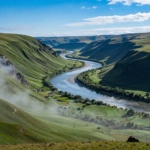 Photograph of a lush, green mountain valley with a winding river, scattered houses, mist, and a bright blue sky with white clouds.