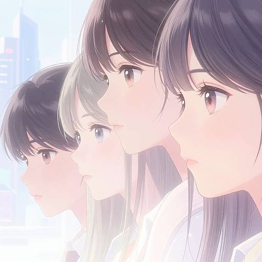 Digital anime-style illustration of three young women with long black and silver hair, side profiles, soft expressions, and pale skin, against a white and blue