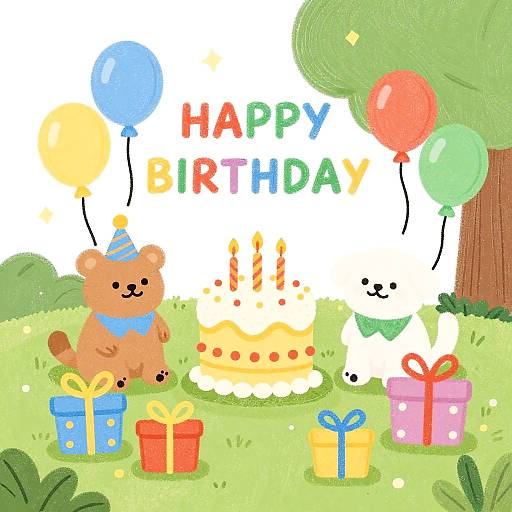 Cute digital illustration of two bears, one brown, one white, celebrating a birthday with balloons, cake, and gifts in a grassy park.